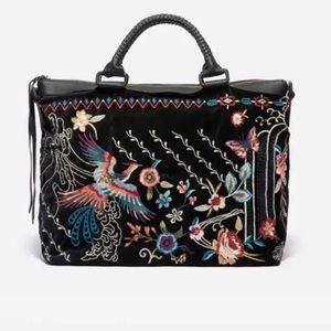 Johnny Was Black Denim & Leather with Floral Embroidery Dreamer Overnight Tote